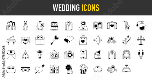 Wedding icon set. Such as ring, gift, gender sign, cake, shoes, wine, couple, perfume, love, chat, romance, dinner icons vector illustration.