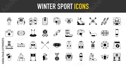 Winter sports icon set. Such as biathlon, curling, skating, skiing, ice hockey, bobsleigh, gloves, list, jumpsuit, jacket, ballerina, pads, sled, helmet, hockey, ski vector icons illustration.