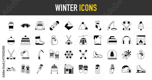 Set of winter activity icons. Such as snowman, winter sports, fashion, sweater, snow ride, Igloo, coffee, skating, ropeway, thermometer vector icon illustration.