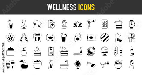 Wallpaper Mural Wellness icon set. Such as massage, yoga, spa, relaxation, health, exercise, diet, wellbeing, meditation, aromatherapy icons vector illustration. Torontodigital.ca