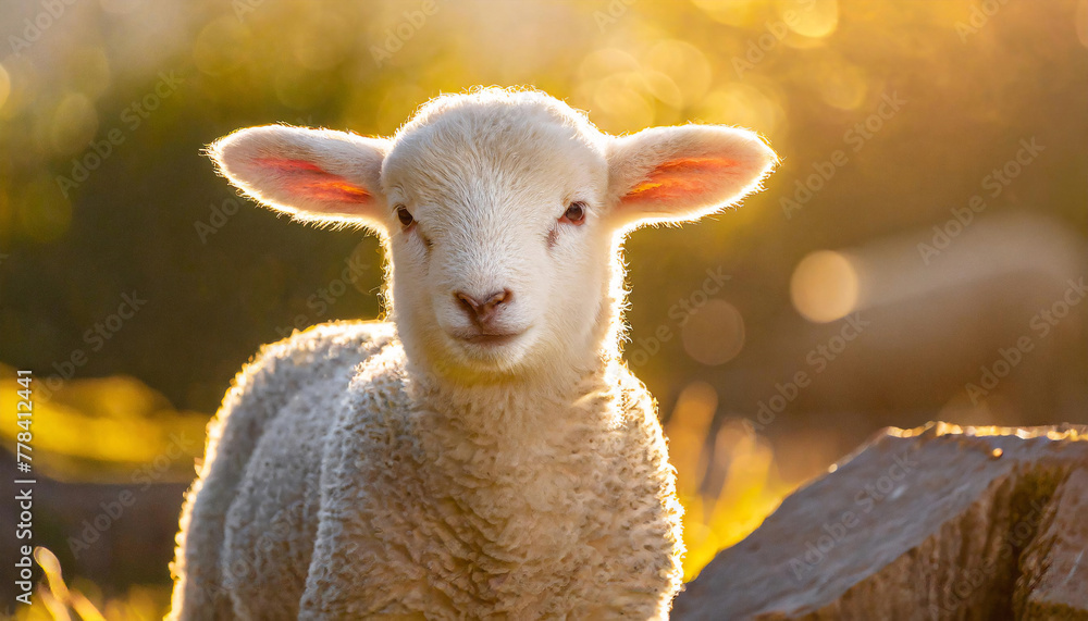 Fototapeta premium A close-up of a Fluffy white lamb in golden sunlight.