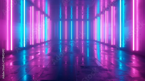 A realistic 3D render of a pink blue neon abstract background with vertical panels glowing in ultraviolet light. It is a wonderful wallpaper with futuristic design elements.