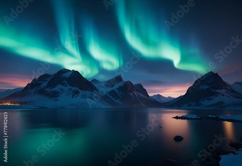 A stunning natural scene of the northern lights or aurora borealis over a Scandinavian fjord or mountain range