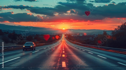 Car Driving on Highway at Sunset