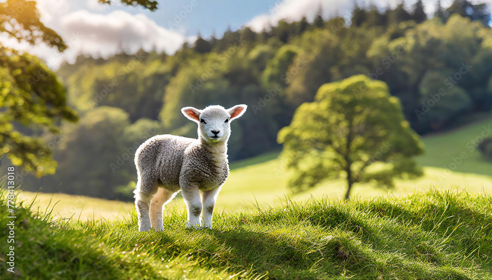 Cute white lamb with soft wool in lush green field. Cute white lamb with soft wool in lush green field.