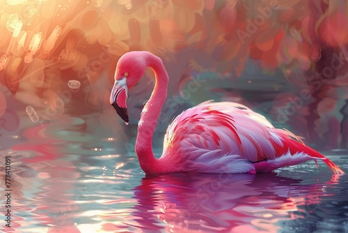 Pink flamingo at lake, closeup, golden hour, soft reflections, serene, highdetail, oil painting style , 8K , high-resolution, ultra HD,up32K HD photo