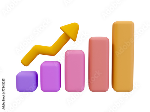 3d minimal data analysis. colorful statistic bar chart with an arrow rising. 3d illustration.