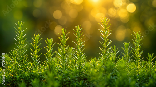 Green rosemary plant in garden with bokeh light background.