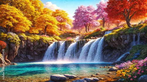 Waterfalls and flowers  beautiful landscape  magical and idyllic background with many flowers in Eden.