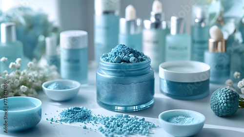 cosmetic cream for skin care with blue eyeshadow on blue background