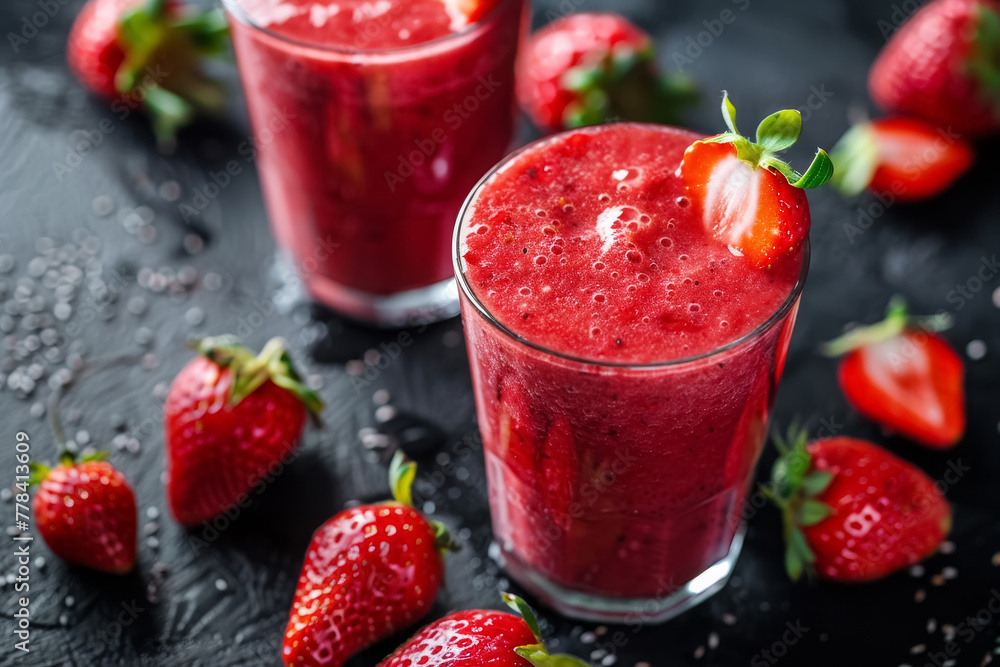 Nutritious strawberry smoothie in a glass garnished with fresh berries Nutritious strawberry smoothie in a glass garnished with fresh berries