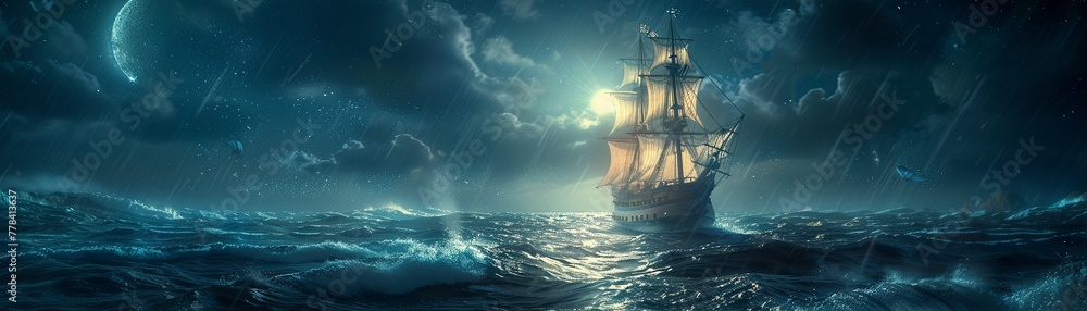 Fototapeta premium Tactical team boards pirate ship, moonlit operation, suspenseful, detailed craftsmanship, matte finish , 8K , high-resolution, ultra HD,up32K HD