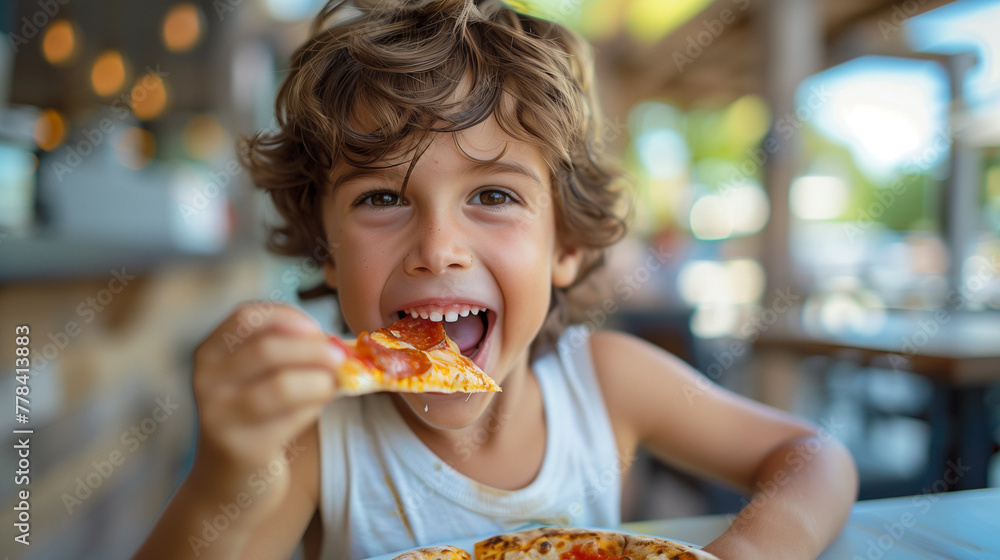 Portrait of a little boy with an appetizing piece of pizza Portrait of a little boy with an appetizing piece of pizza