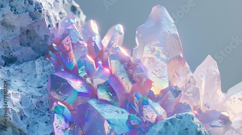 An abstract 3D render of iridescent crystals growing on white chalkstone, a white rock photo