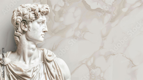 A detailed image showing the face of a classical marble sculpture against a marble background The focus is on the artistic details photo