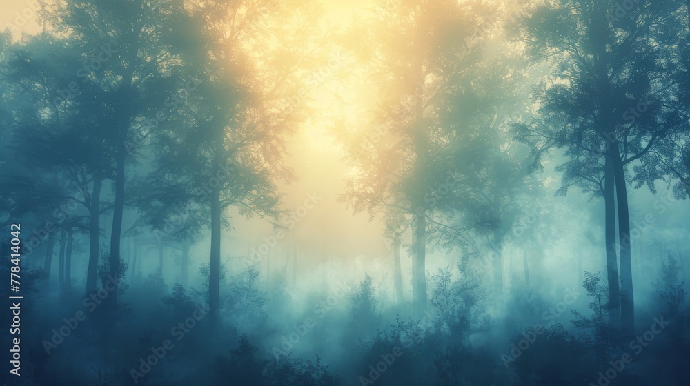 Enchanting Misty Forest: Abstract Shapes and Pastel Hues.