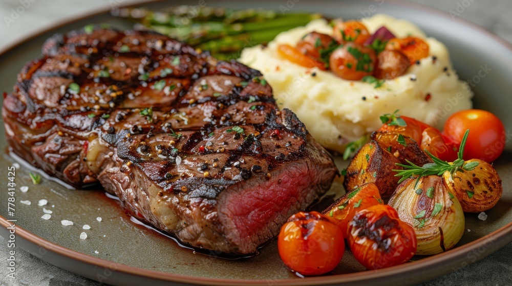 Steak, Mashed Potatoes, and Vegetables on Plate Steak, Mashed Potatoes, and Vegetables on Plate