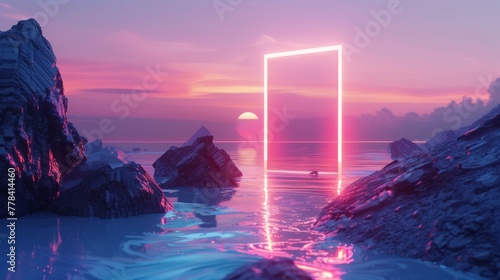 3D rendering. Abstract futuristic wallpaper with sunset or sunrise on a glowing neon rectangular portal. Mystical landscape with rocks and reflections in the water.