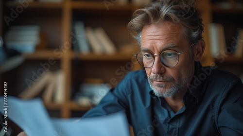 Man With Glasses Reading Book in Front of Bookshelf