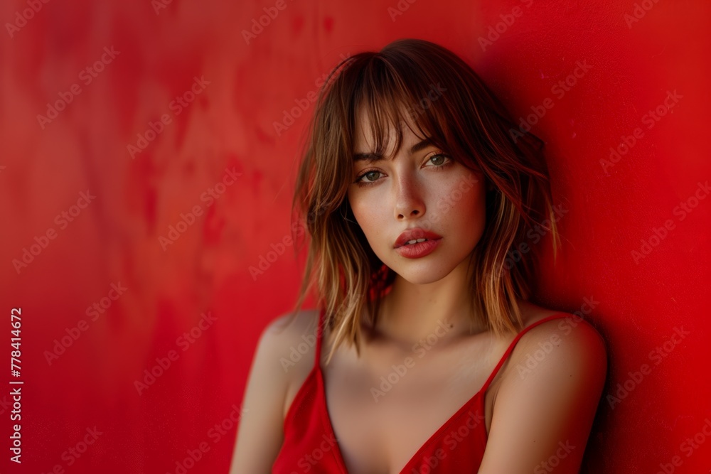 Chic Brunette in Red Elegant Dress. Generative AI. Chic Brunette in Red Elegant Dress. Generative AI.