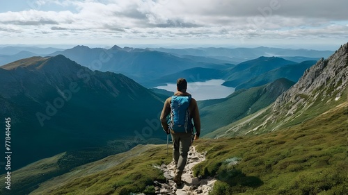 Solo Mountain Trek: Adventurous Guy Hiking with Backpack on Scenic Trail - Outdoor Exploration, Active Lifestyle, and Wilderness Adventure