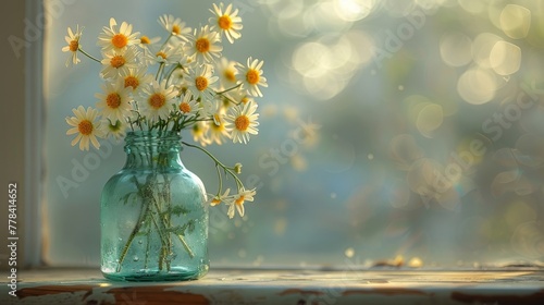 Ethereal Bokeh Effect with Green Circles and Antique Glass Bottle with Wildflowers.