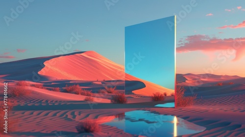 Rendering of a 3D abstract spectacular panoramic background. The background shows sand water and a square mirror under a clear blue sky. Modern minimal aesthetic wallpaper.