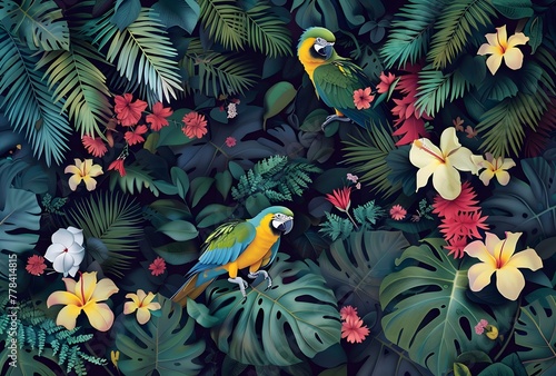 a colorful parrots and flowers