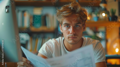 Man With Glasses Reading Book in Front of Bookshelf