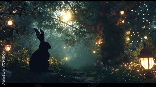 A rabbit is perched in the natural landscape of grass, beside an Easter egg. The scene combines elements of plant life and a festive event AIG42E photo