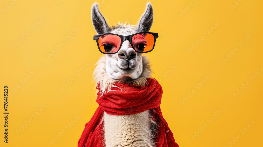 Obraz premium Llama wearing sunglasses and scarf with a smug expression on yellow background