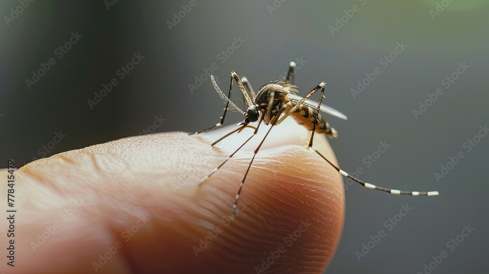 Closeup, a mosquito on a person's finger. Closeup, a mosquito on a person's finger.