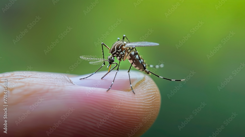 Closeup, a mosquito on a person's finger. Closeup, a mosquito on a person's finger.