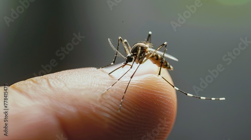 Closeup, a mosquito on a person's finger.