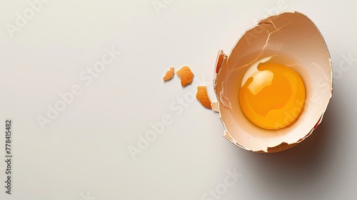 Cracked open egg shell containing a yellow yolk inside on a white background photo