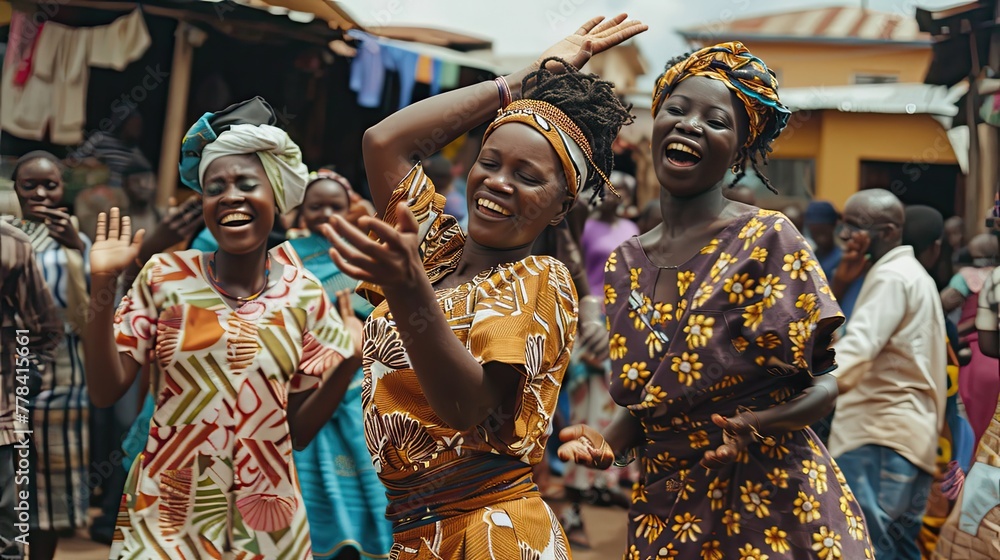African people singing and dancing on the street of the village.