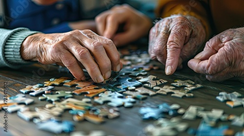 Elderly hands with puzzle pieces on the table, memory training concept.