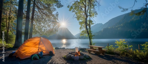 a campfire and tent on a beach photo