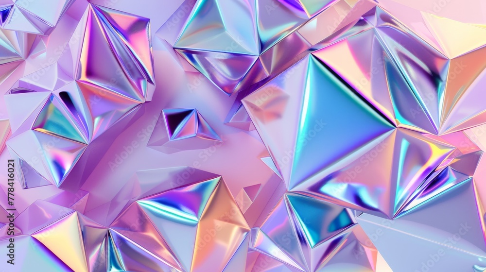 A 3D render of an abstract geometric geometric shape with iridescent metallic shine. Trendy colorful wallpaper. A 3D render of an abstract geometric geometric shape with iridescent metallic shine. Trendy colorful wallpaper.