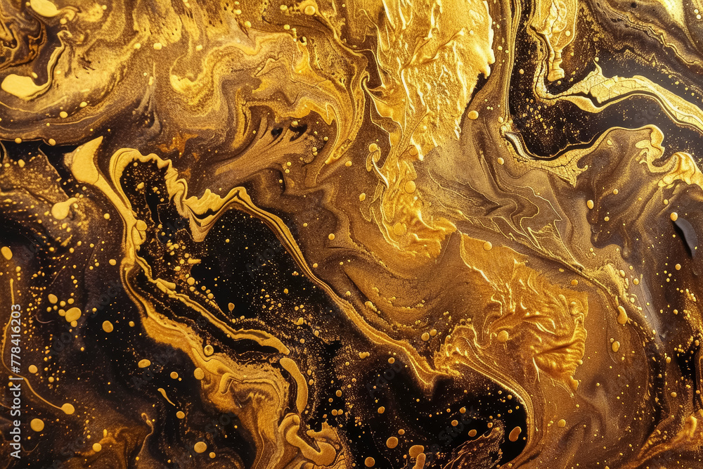 Golden paint swirls on canvas creating abstract art.