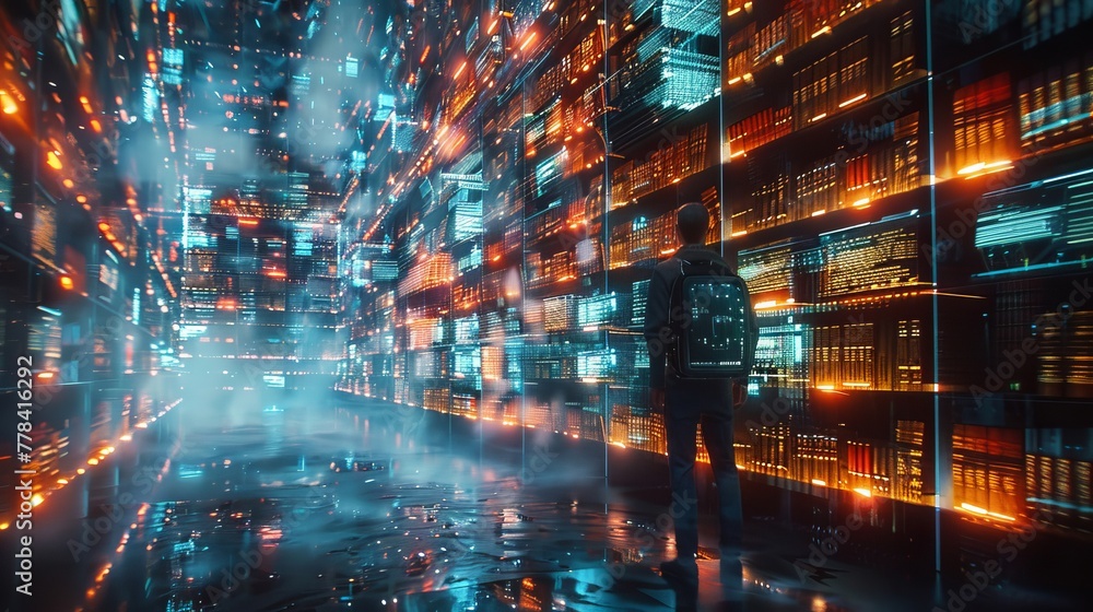 Futuristic Library with Holographic Books and AI Librarians. Futuristic Library with Holographic Books and AI Librarians.