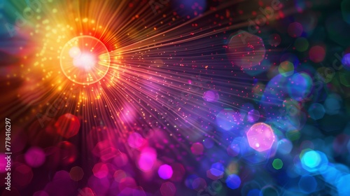 The abstract colorful lens flare effect is isolated on a black background, accentuated by bokeh lights. Digital illustration.