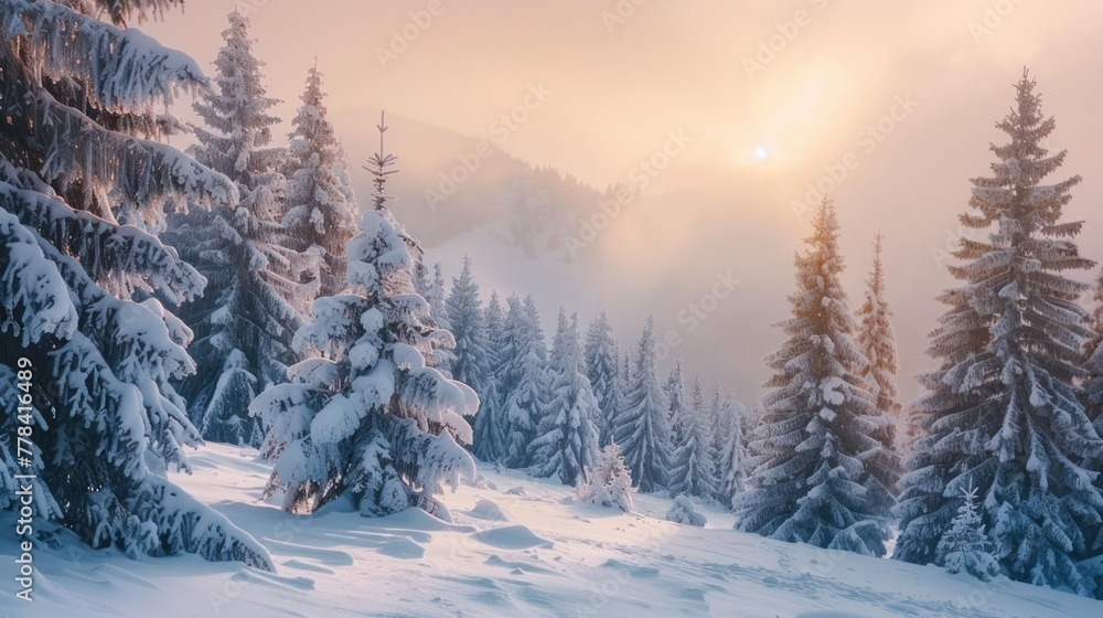 Majestic winter landscape. frosty pine tree under sunlight at sunset. christmas holiday concept, unusual wonderful landscape.