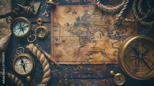 a map and compasses on a table photo