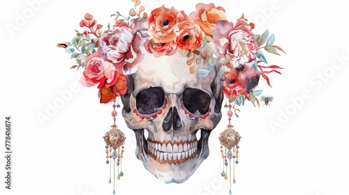 An esoteric clipart of a human skull with floral crowns and earrings. A watercolor illustration of a gothic queen wearing a mask. Day of the dead. Esoteric clipart isolated on white.