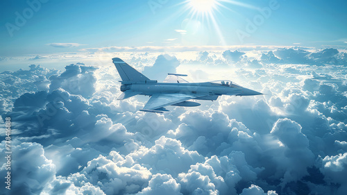 Military jet soaring in a cloud-filled bright blue sky photo