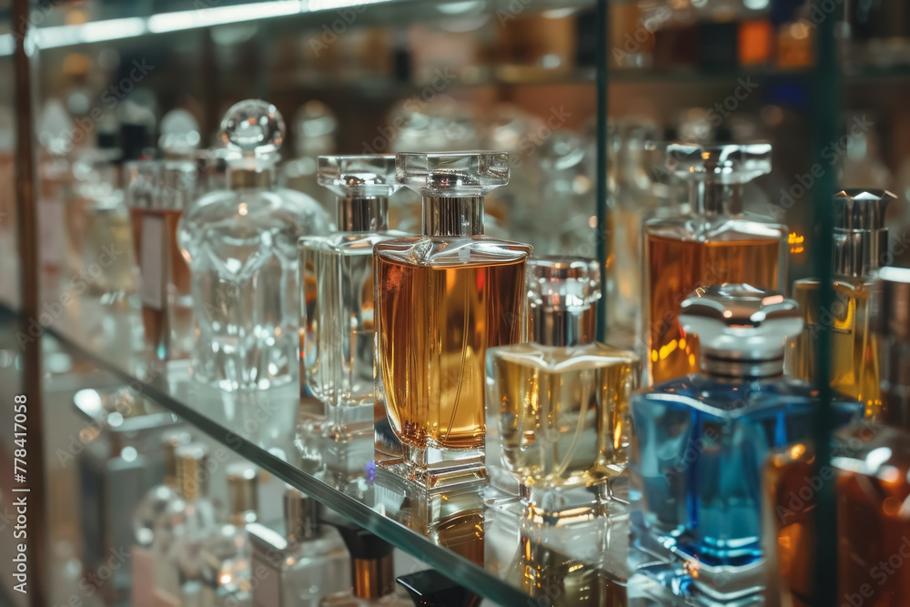 Assorted luxury perfume bottles displayed on reflective glass shelves Assorted luxury perfume bottles displayed on reflective glass shelves
