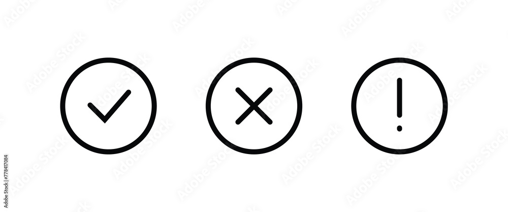 Tick, cross, exclamation mark signs. Green checkmark OK red X, Circle symbols YES NO button for vote, Check box list. line icons set, editable stroke isolated on white, linear  - obrazy, fototapety, plakaty 