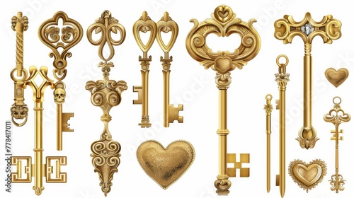 A set of gold key, heart, and cross clip art isolated on white background. Halloween festive ornaments.