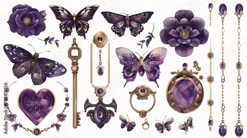 Decorative Halloween ornaments. Vintage clip art isolated on white background. Set of witchcraft design elements: flowers, golden key, purple butterfly, chains, and pendants.